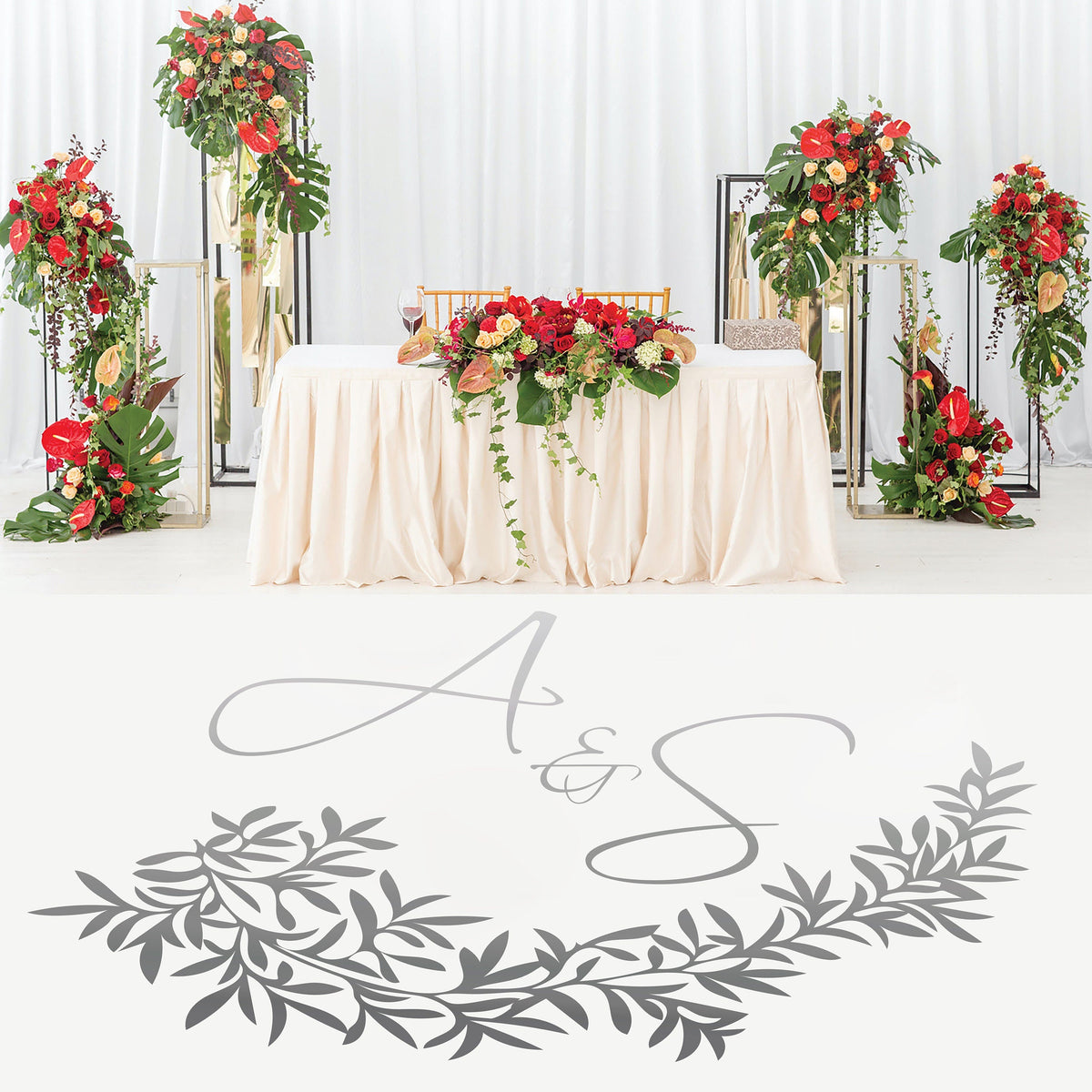 Lush Foliage Script Dance Floor Decal for Wedding shown at a wedding reception