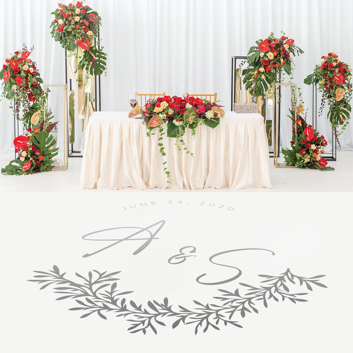 Wispy Herb Garland Dance Floor Decal for Wedding shown at a wedding reception