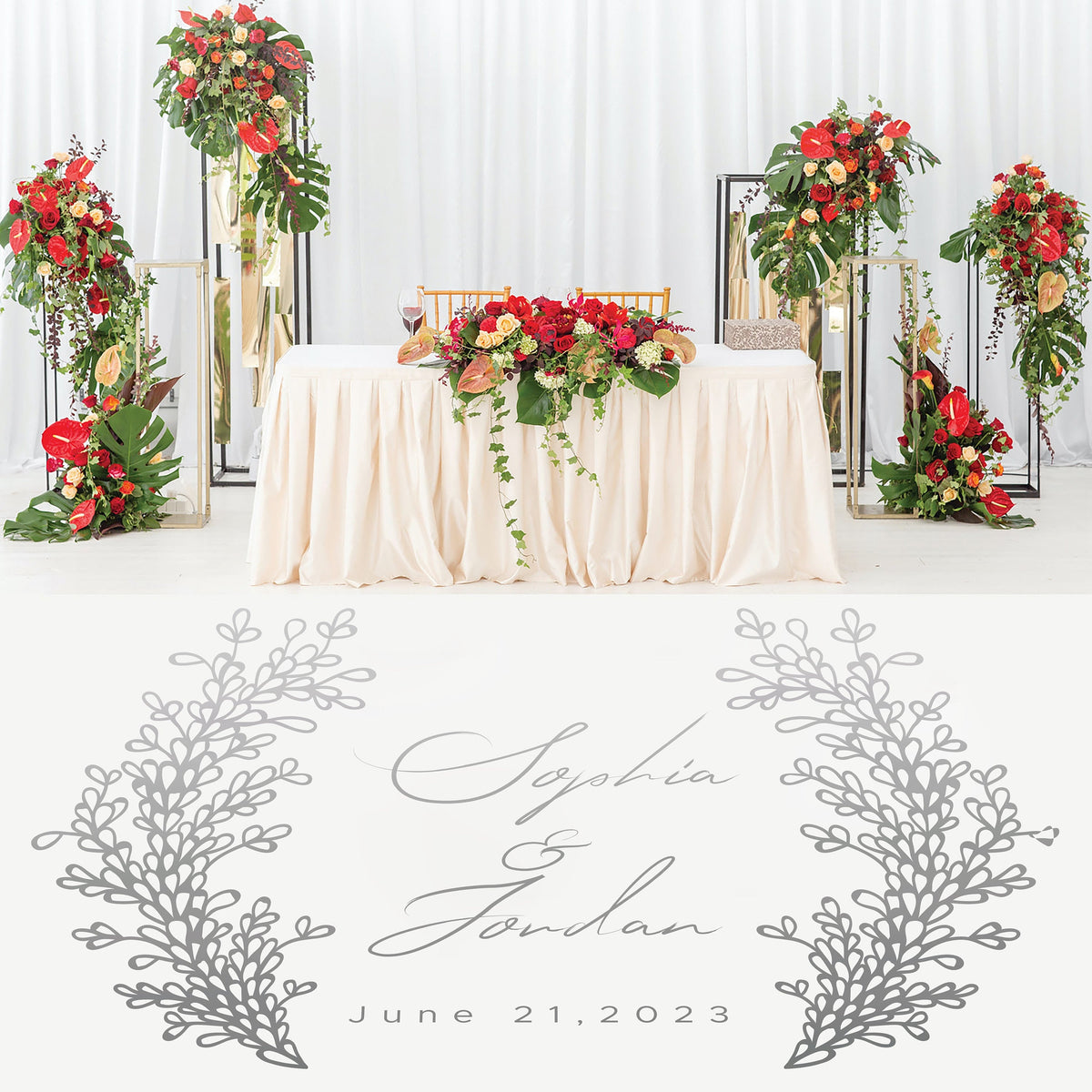 Lavender Columns Names Dance Floor Decal for Wedding shown at a wedding reception