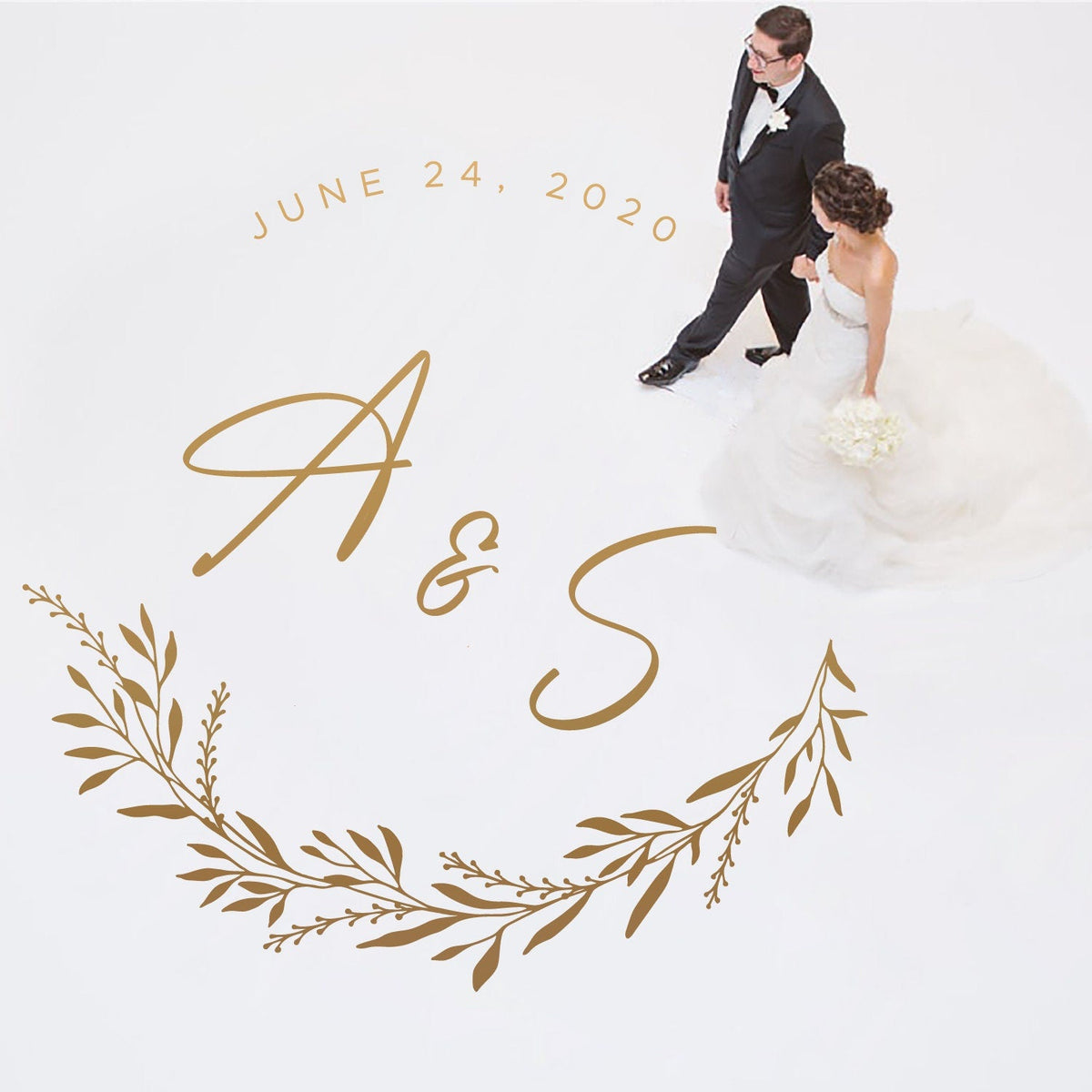 Botanical Crest Monogram Dance Floor Decal for Wedding in gold on a white wedding dance floor