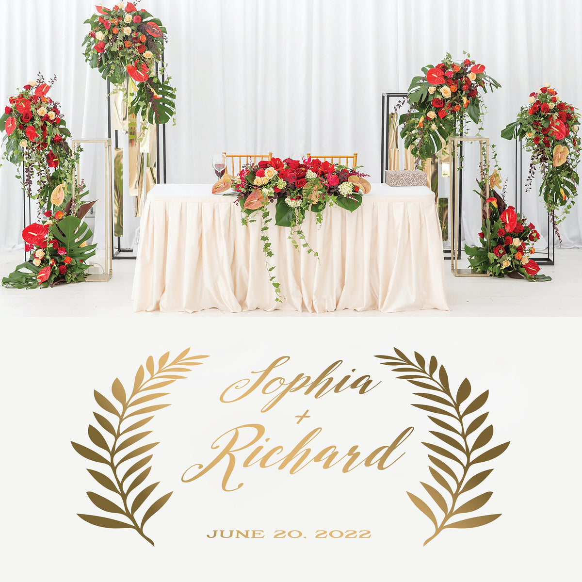 Fern Frond Script Dance Floor Decal for Wedding shown at a wedding reception