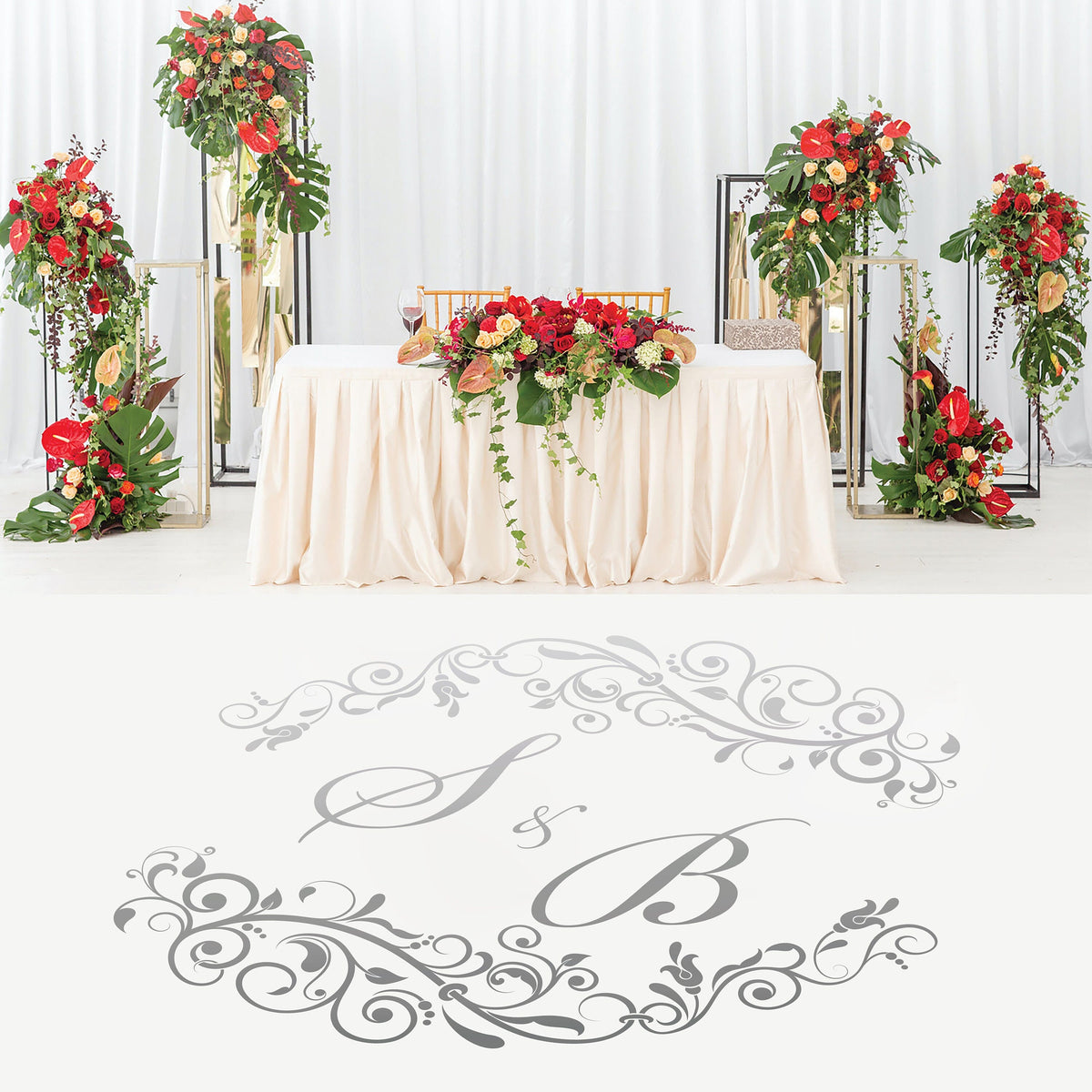 Rococo Vine Monogram Dance Floor Decal for Wedding shown at a wedding reception