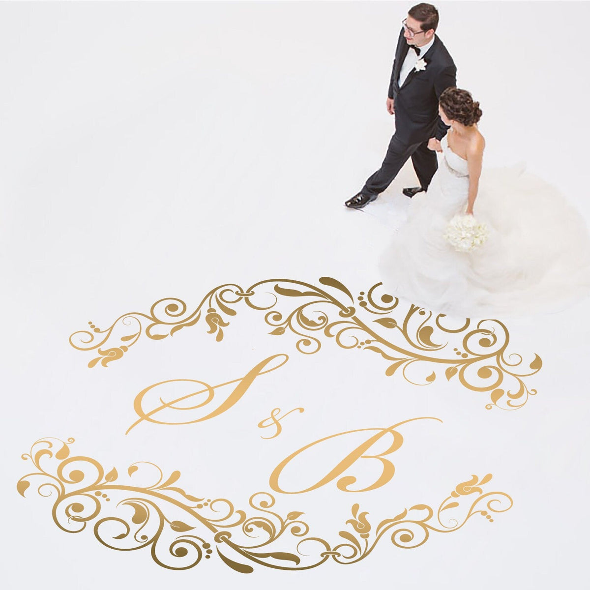 Rococo Vine Monogram Dance Floor Decal for Wedding shown at a wedding reception