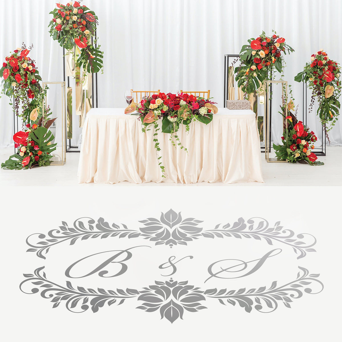 Damask Garland Initials Dance Floor Decal for Wedding shown at a wedding reception