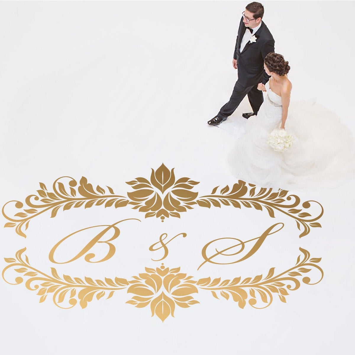 Damask Garland Initials Dance Floor Decal for Wedding shown at a wedding reception