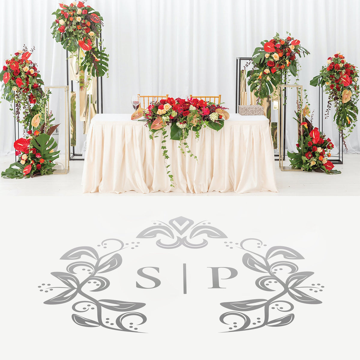 Classic Crest Wreath Dance Floor Decal for Wedding shown at a wedding reception