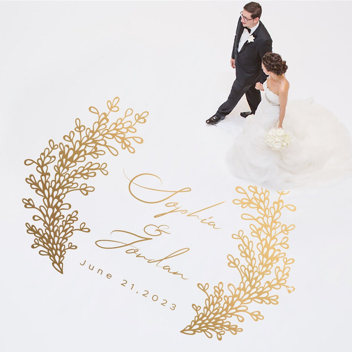 Lavender Columns Names Dance Floor Decal for Wedding shown at a wedding reception