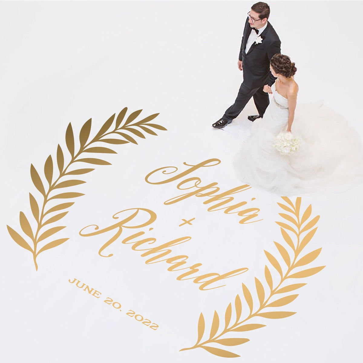 Fern Frond Script Dance Floor Decal for Wedding shown at a wedding reception