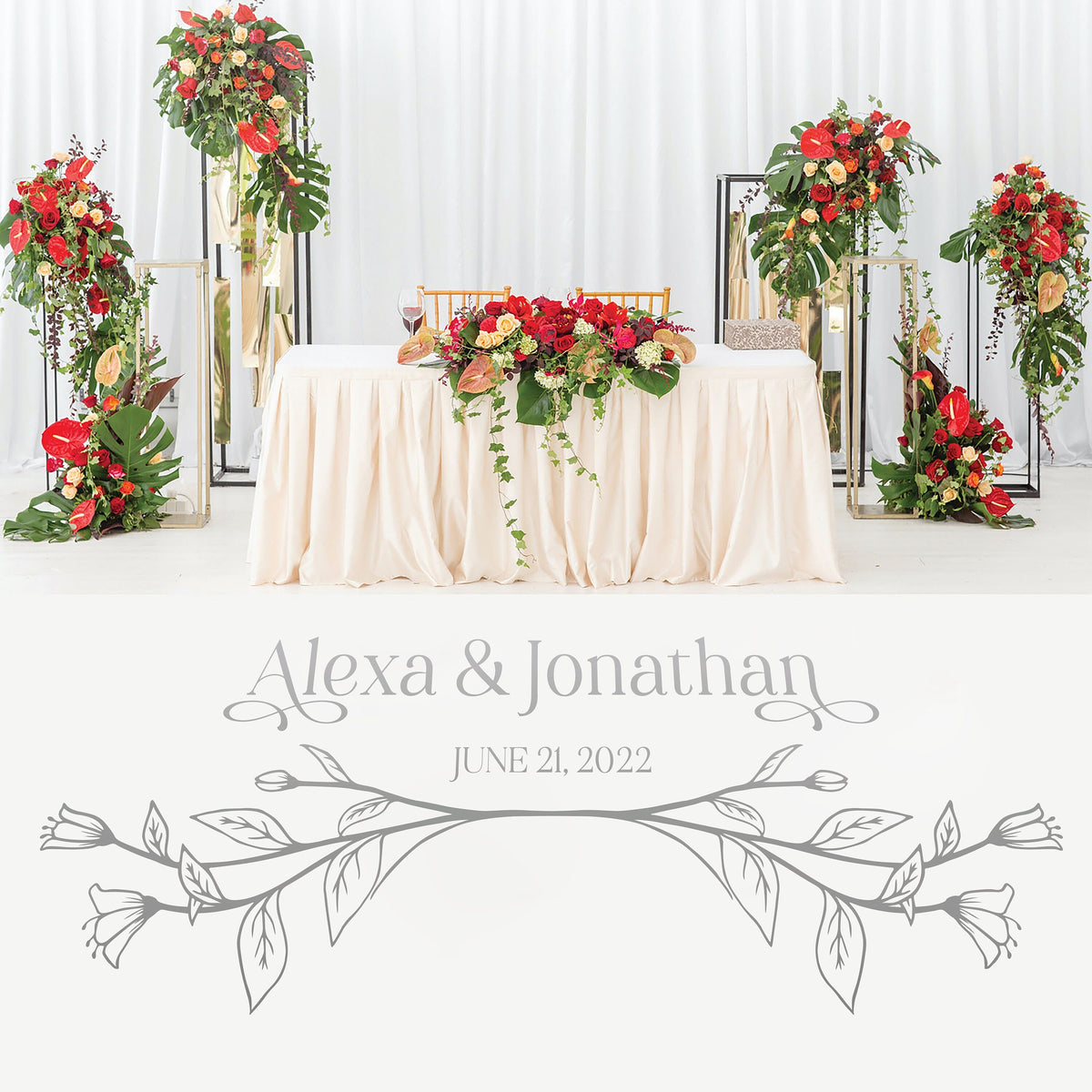 Lily Branch Names Dance Floor Decal for Wedding shown at a wedding reception