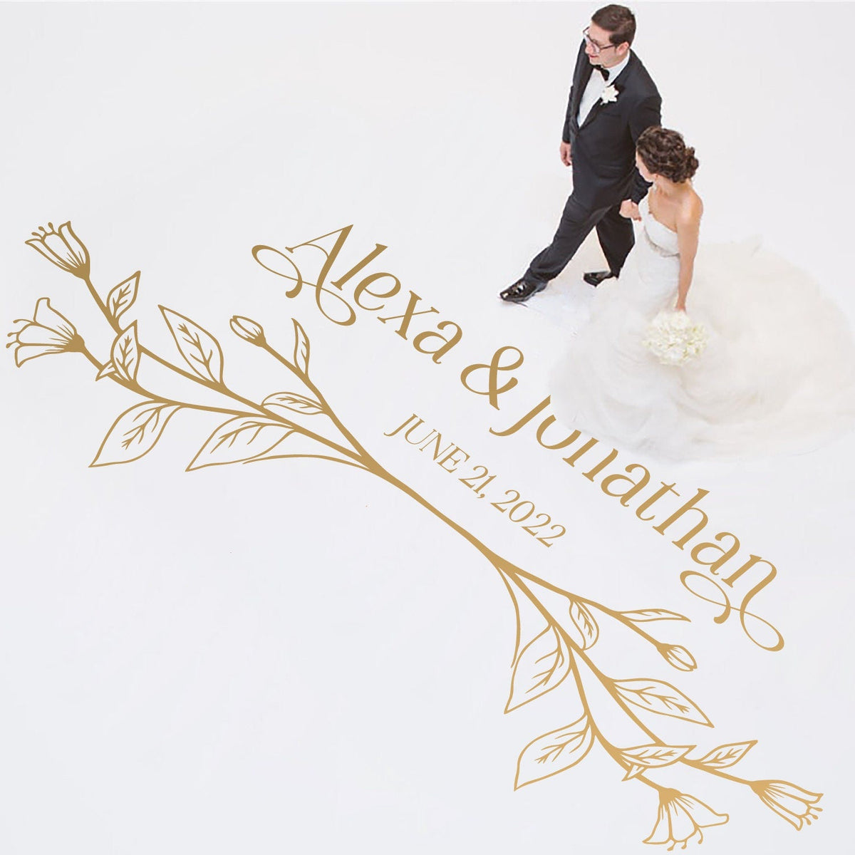 Lily Branch Names Dance Floor Decal for Wedding shown at a wedding reception