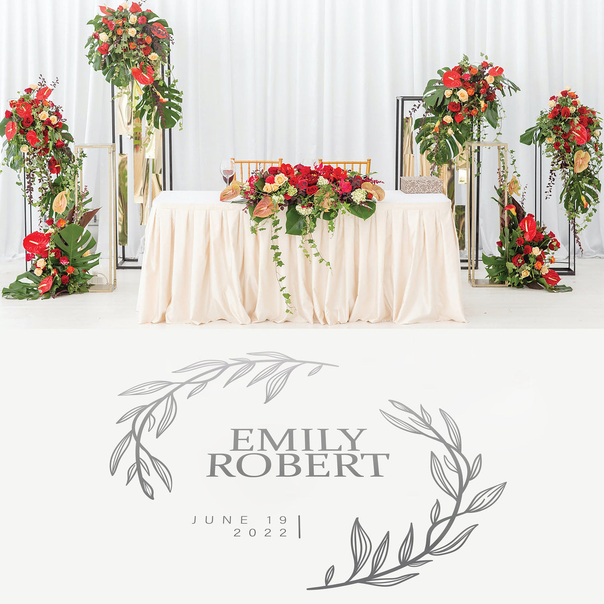 Leafy Wreath Dance Floor Decal for Wedding shown at a wedding reception