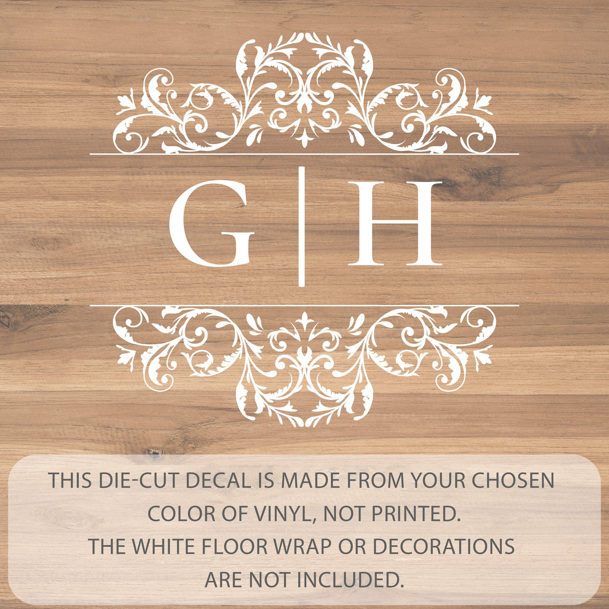 Ornate Flourish Monogram Dance Floor Decal for Wedding shown at a wedding reception