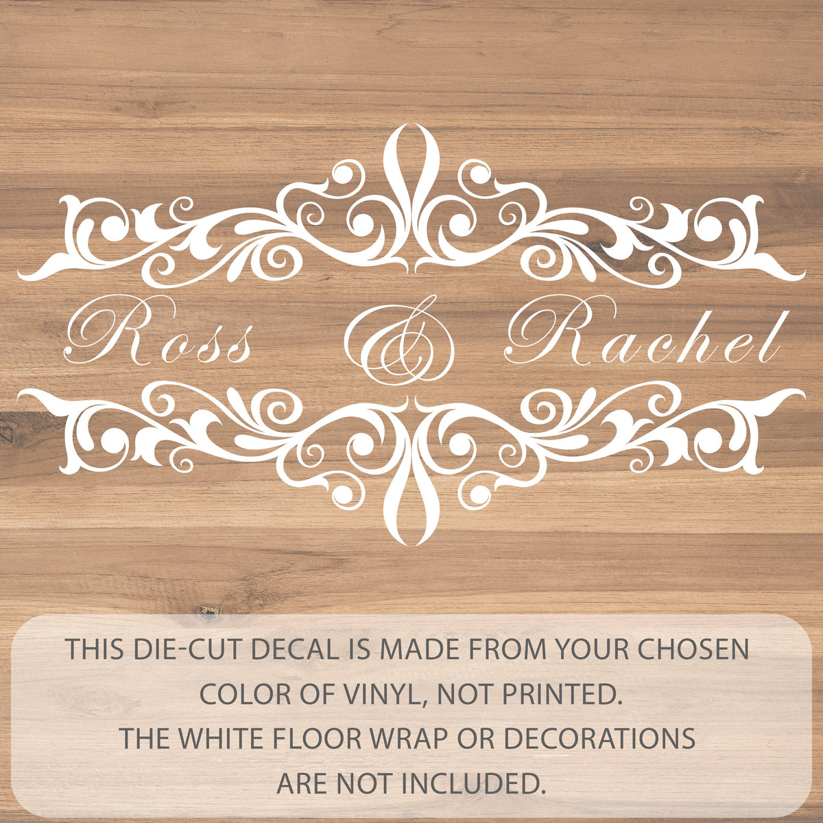 Scroll Cartouche Names Dance Floor Decal for Wedding shown at a wedding reception