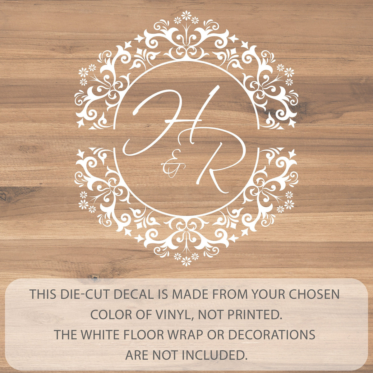 Damask Lace Monogram Dance Floor Decal for Wedding shown at a wedding reception