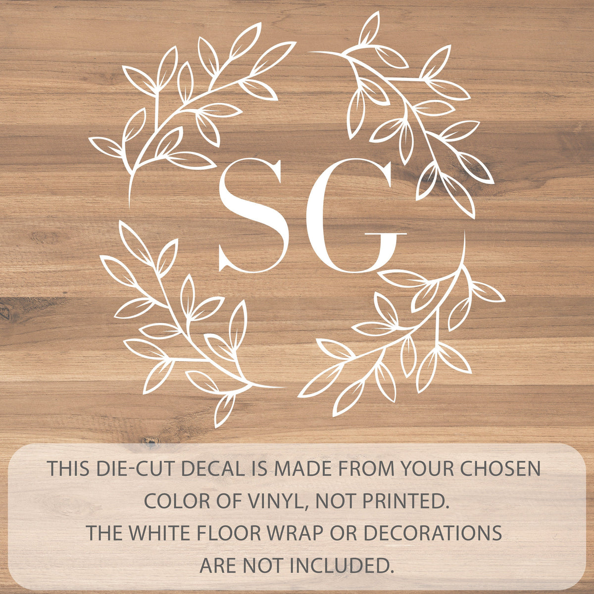 Corner Leaf Monogram Dance Floor Decal for Wedding shown at a wedding reception
