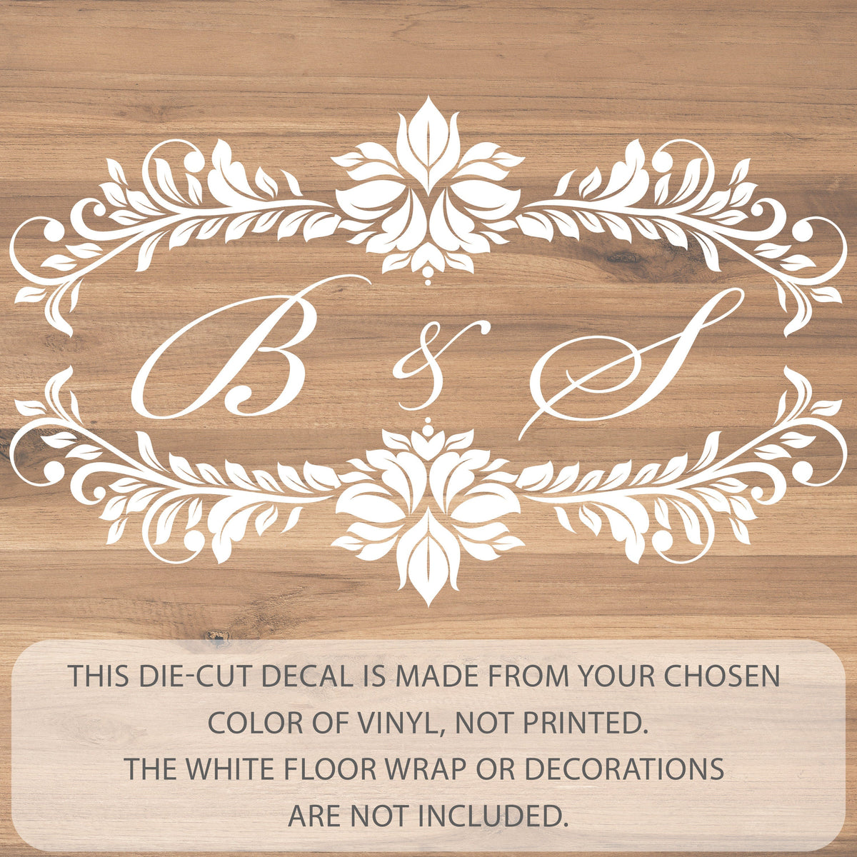 Damask Garland Initials Dance Floor Decal for Wedding shown at a wedding reception