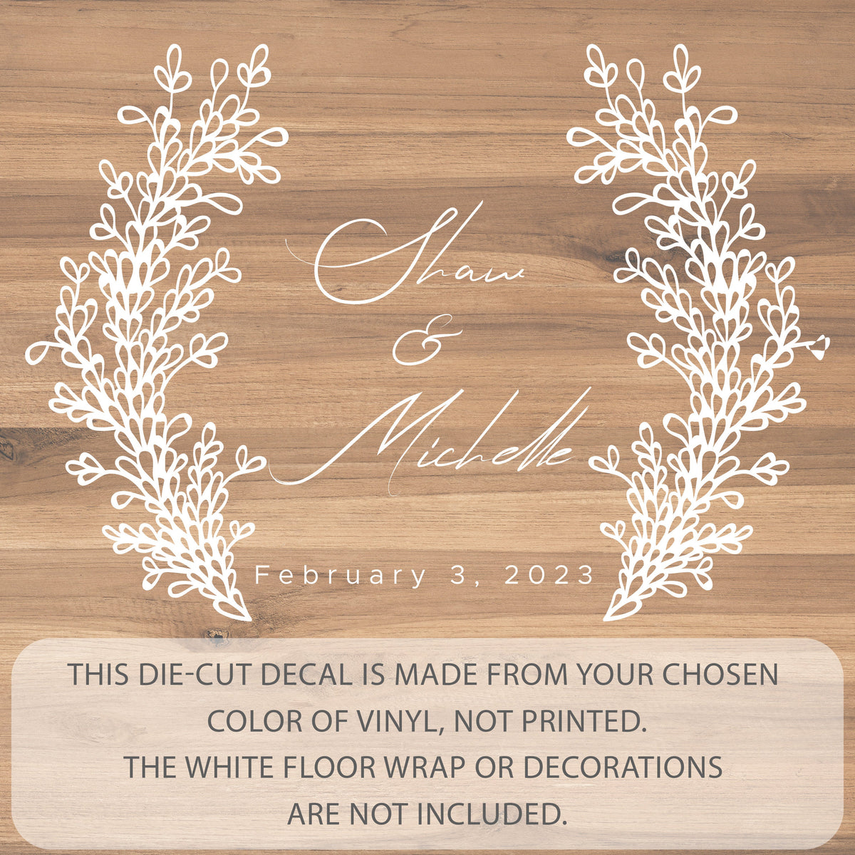 Lavender Columns Names Dance Floor Decal for Wedding shown at a wedding reception