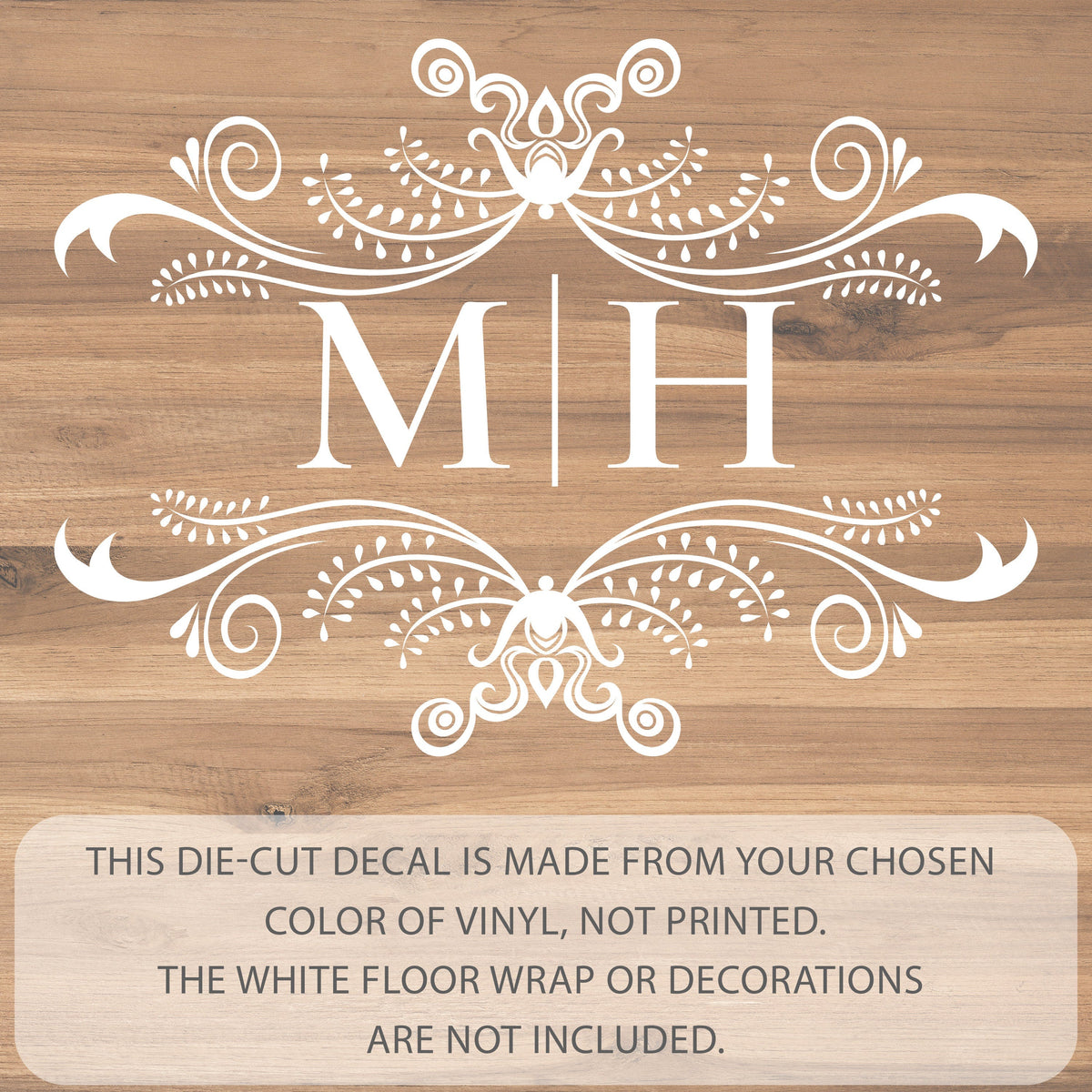Whimsical Curl Monogram Dance Floor Decal for Wedding shown at a wedding reception