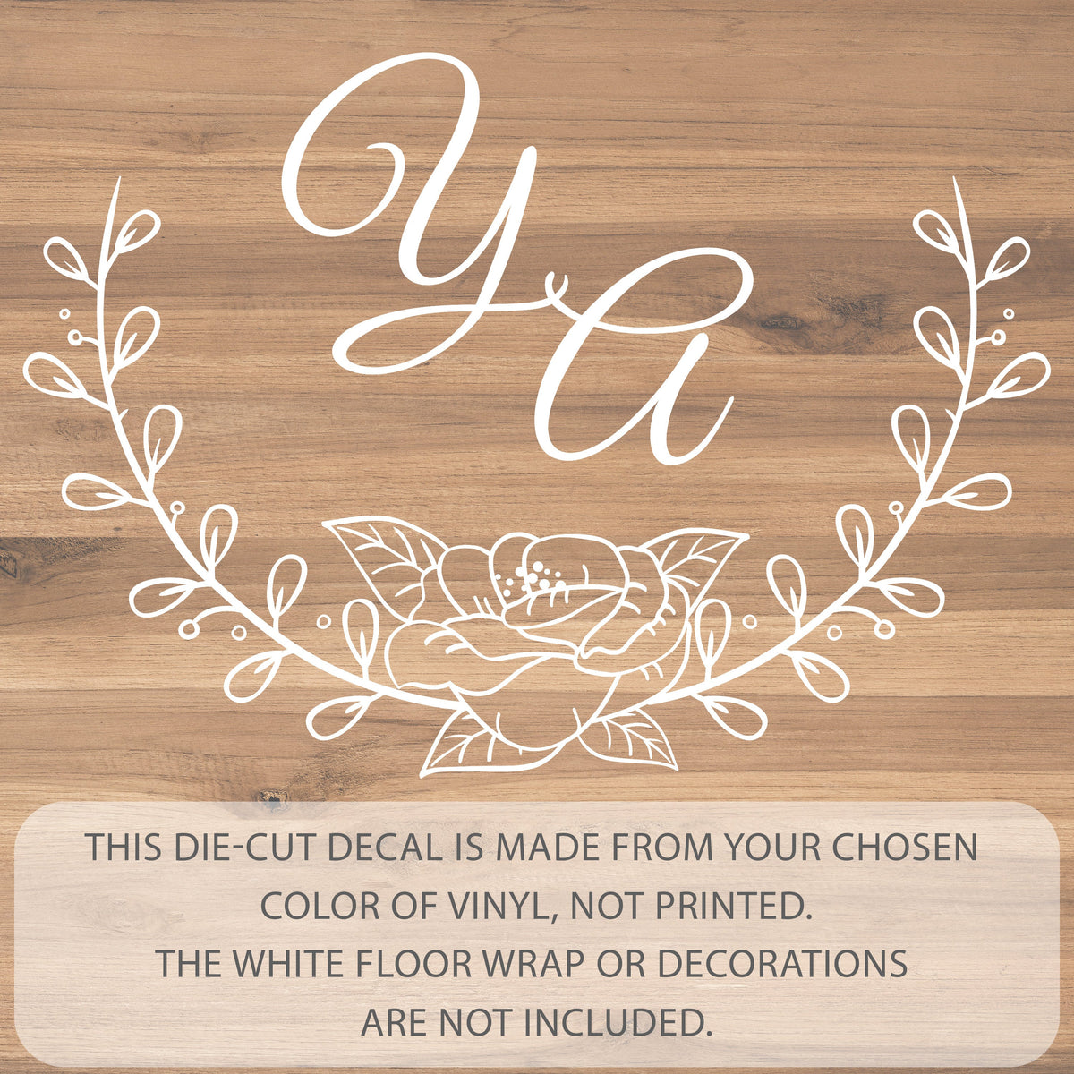 Rose Wreath Script Dance Floor Decal for Wedding shown at a wedding reception