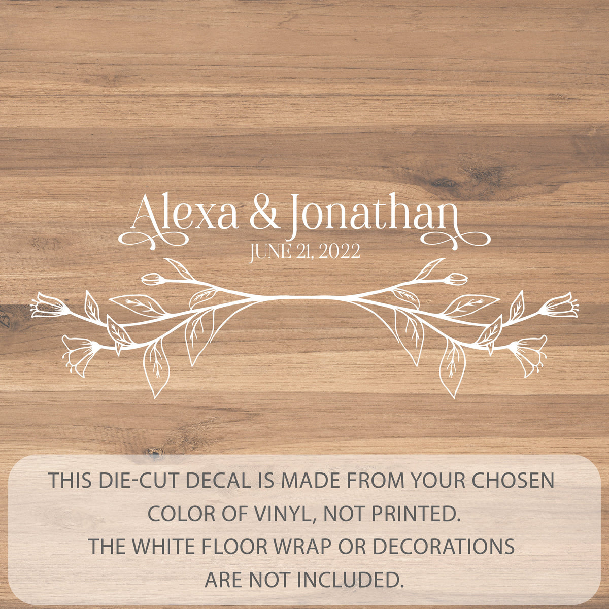 Lily Branch Names Dance Floor Decal for Wedding shown at a wedding reception