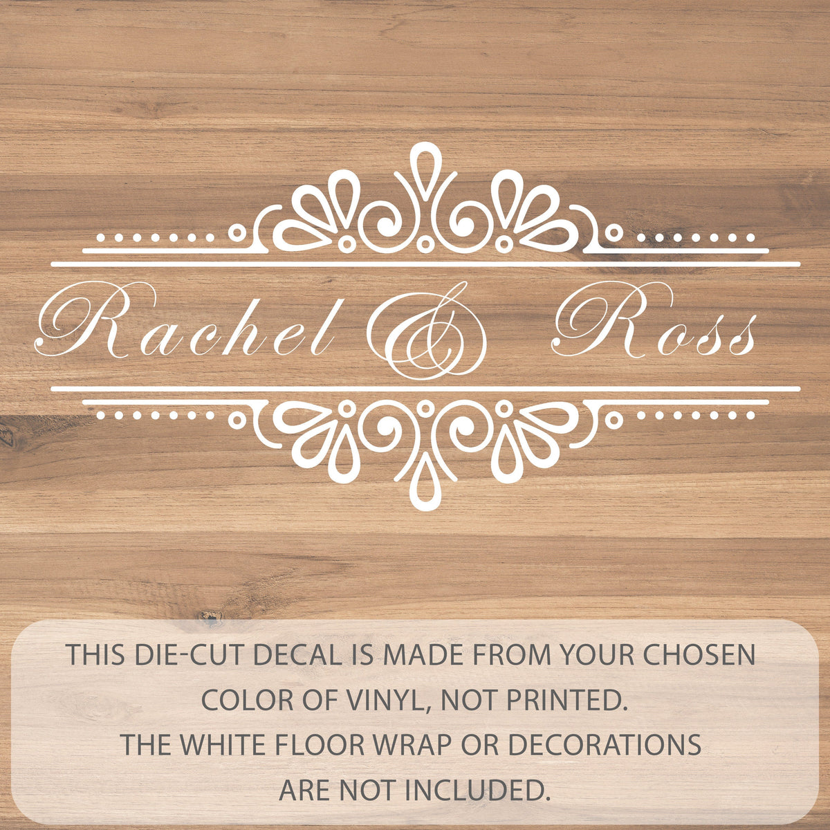 Vertical Runner Names Dance Floor Decal for Wedding shown at a wedding reception