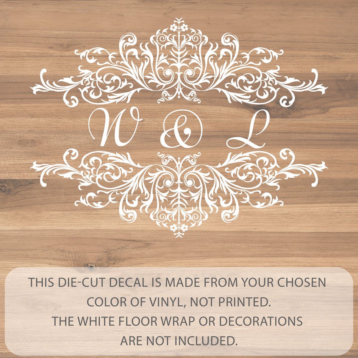 Victorian Scroll Monogram Dance Floor Decal for Wedding shown at a wedding reception