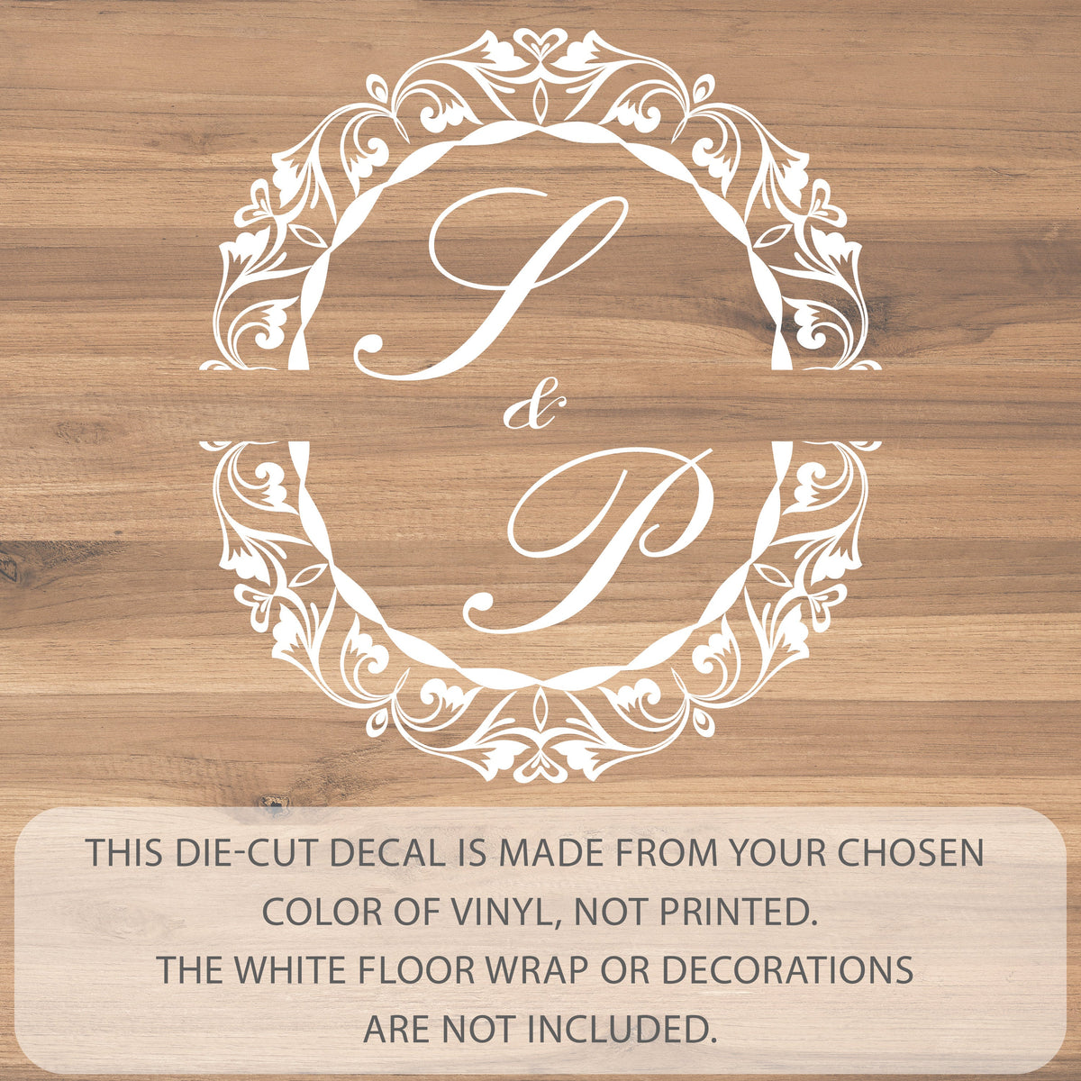 Baroque Split Ring Dance Floor Decal for Wedding shown at a wedding reception