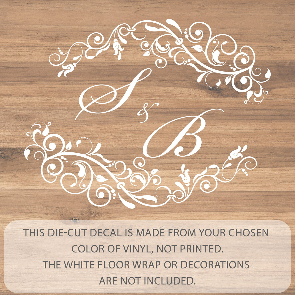 Rococo Vine Monogram Dance Floor Decal for Wedding shown at a wedding reception