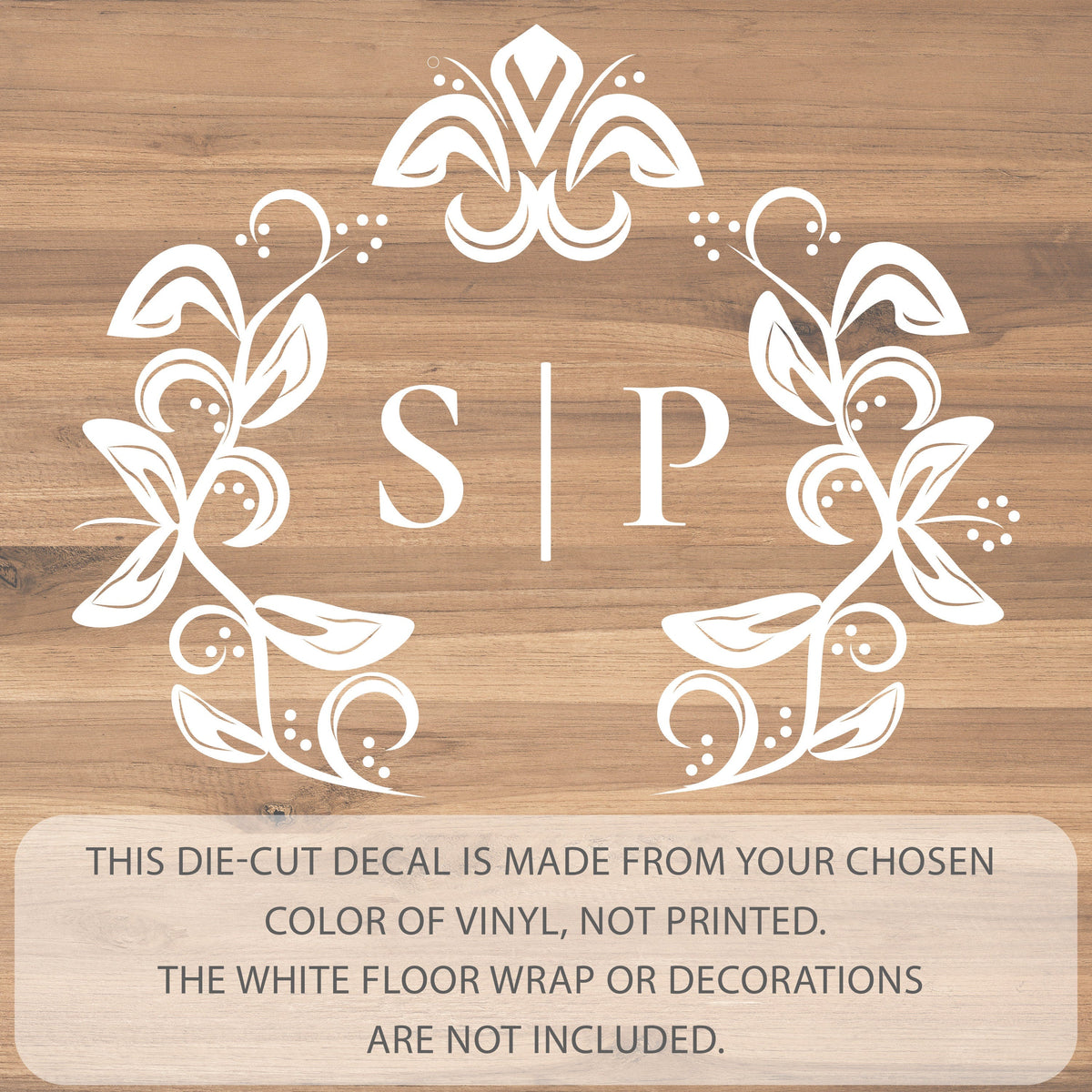 Classic Crest Wreath Dance Floor Decal for Wedding shown at a wedding reception