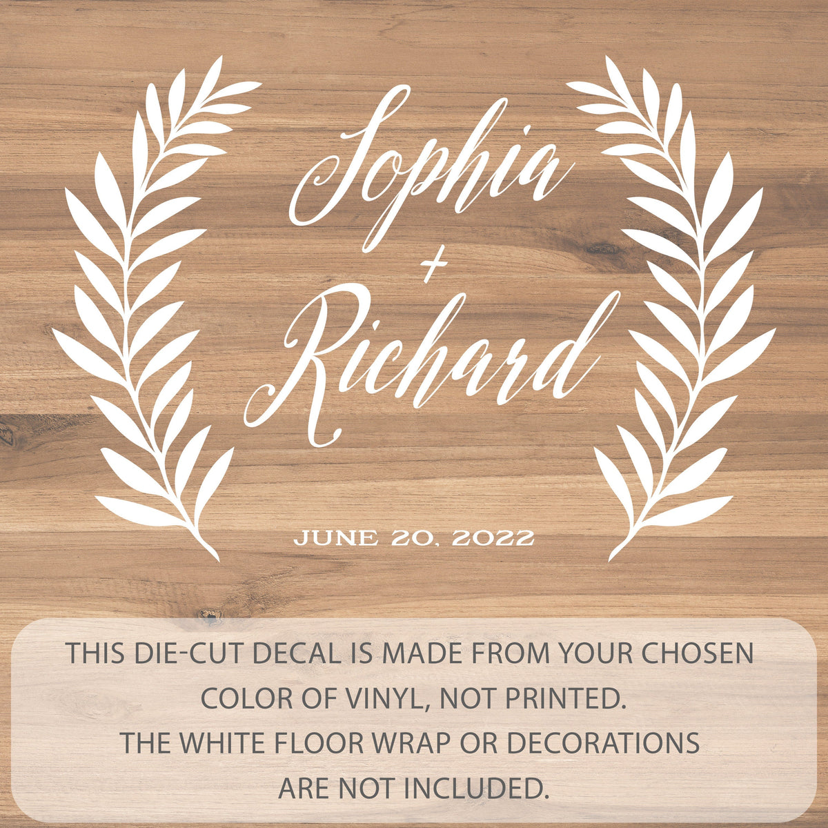 Fern Frond Script Dance Floor Decal for Wedding shown at a wedding reception