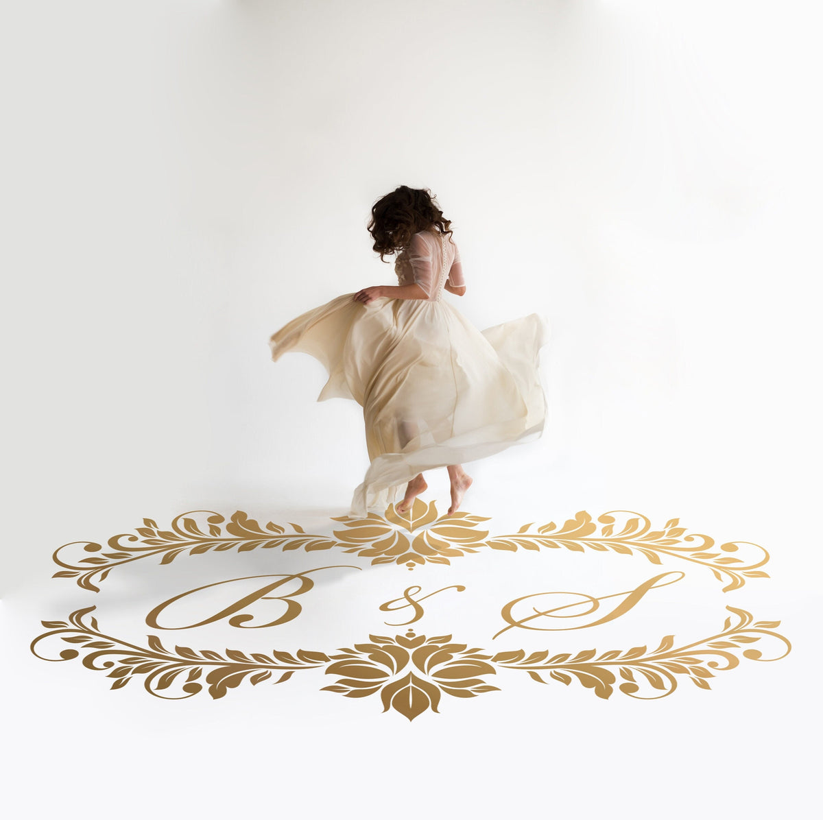 Damask Garland Initials Dance Floor Decal for Wedding in gold on a white wedding dance floor