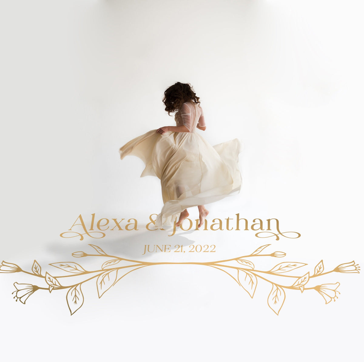 Lily Branch Names Dance Floor Decal for Wedding in gold on a white wedding dance floor