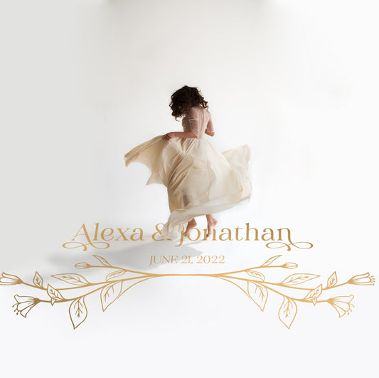 Lily Branch Names Dance Floor Decal for Wedding in gold on a white wedding dance floor