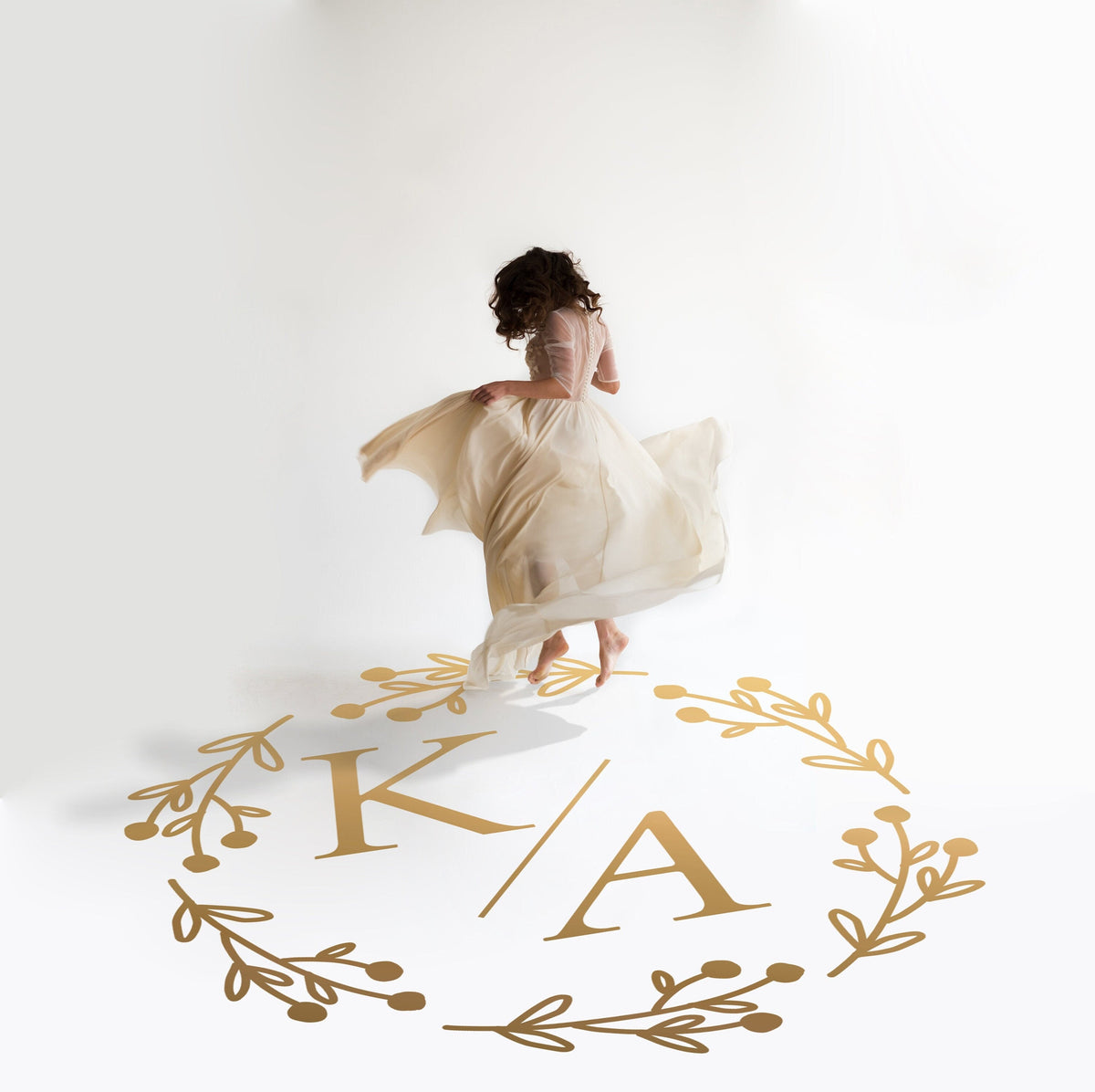 Berry Wreath Dance Floor Decal for Wedding in gold on a white wedding dance floor