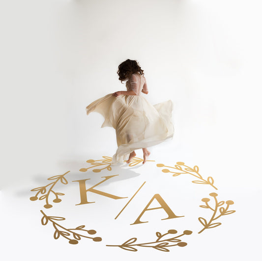 Berry Wreath Dance Floor Decal for Wedding in gold on a white wedding dance floor