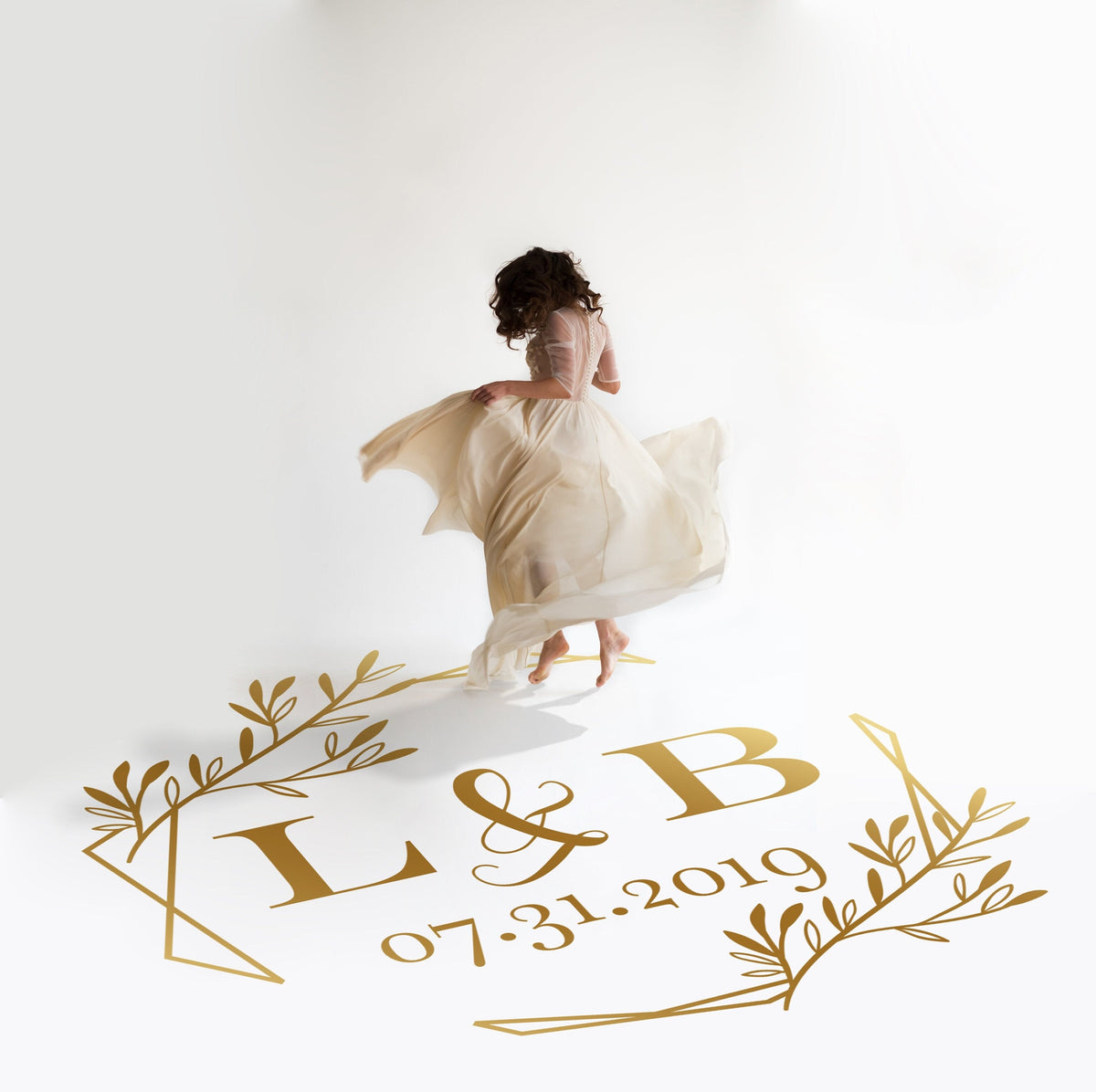 Geometric Greenery Dance Floor Decal for Wedding in gold on a white wedding dance floor