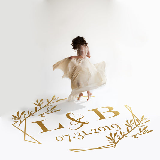 Geometric Greenery Dance Floor Decal for Wedding in gold on a white wedding dance floor