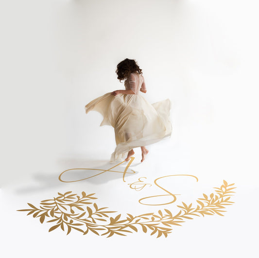 Lush Foliage Script Dance Floor Decal for Wedding in gold on a white wedding dance floor