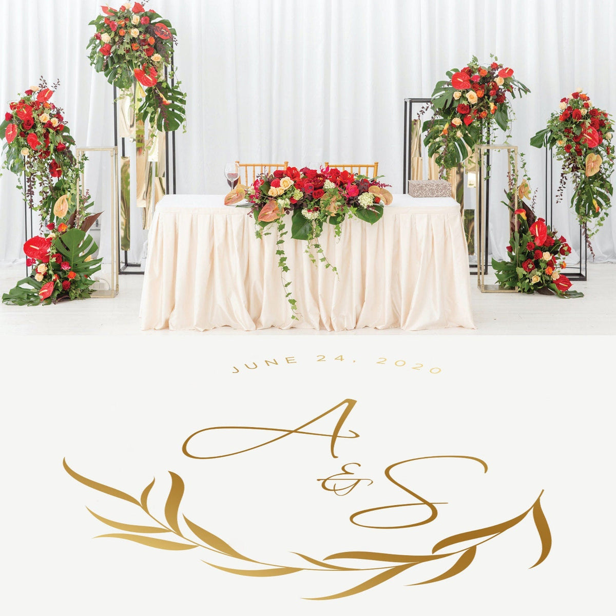 Calligraphy Script Dance Floor Decal for Wedding shown at a wedding reception