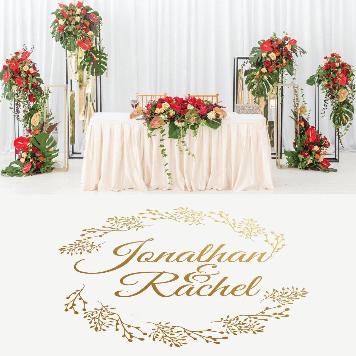 Budding Twig Wreath Dance Floor Decal for Wedding shown at a wedding reception