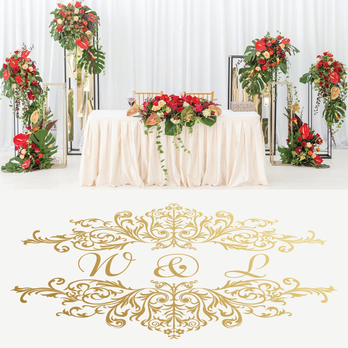 Victorian Scroll Monogram Dance Floor Decal for Wedding shown at a wedding reception