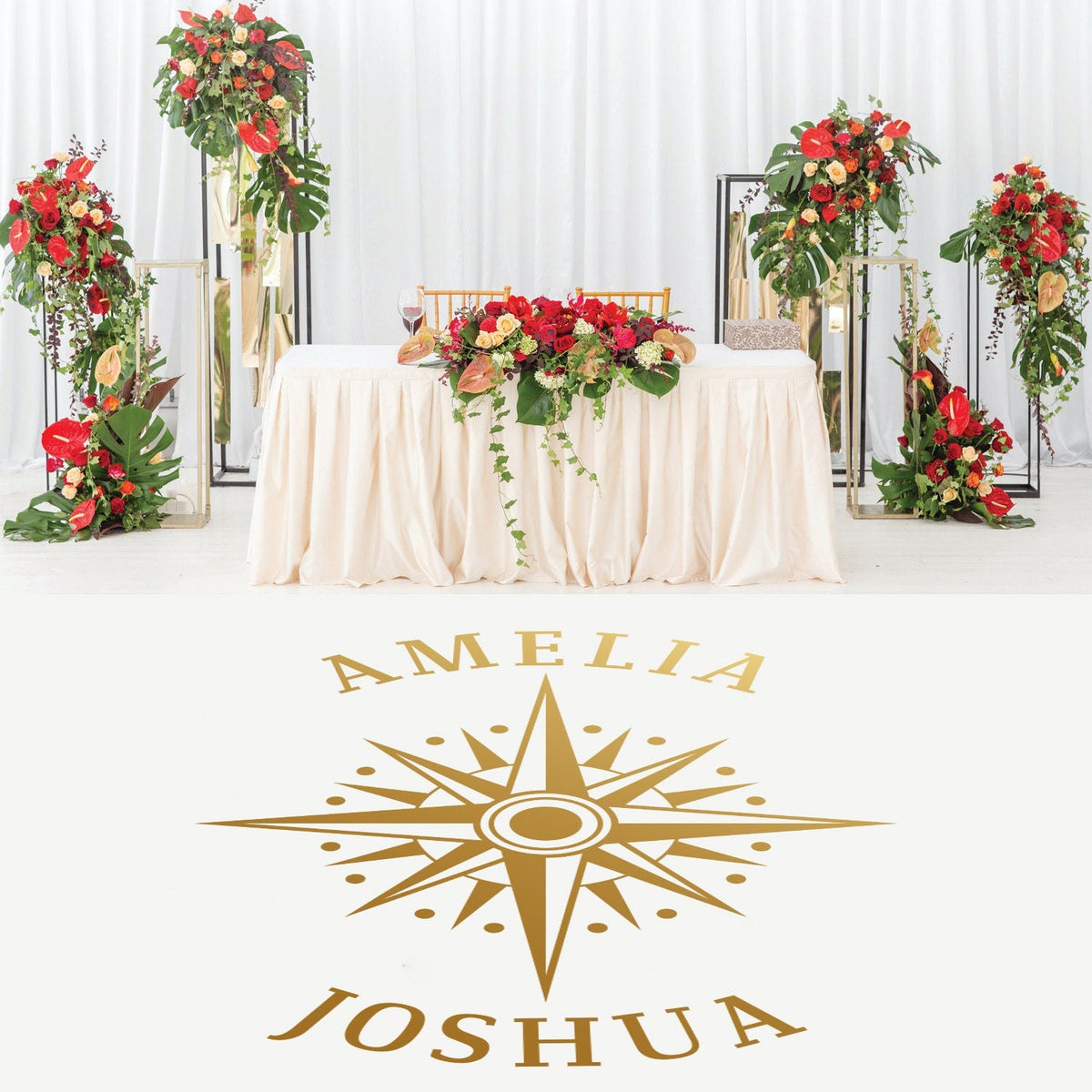 Compass Rose Names Dance Floor Decal for Wedding shown at a wedding reception