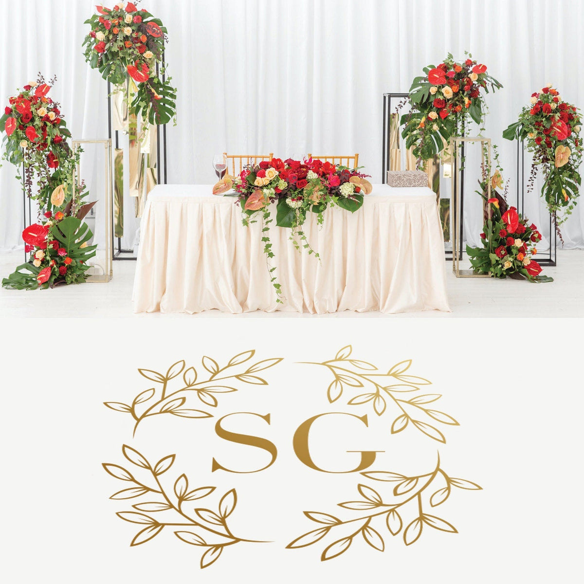 Corner Leaf Monogram Dance Floor Decal for Wedding shown at a wedding reception