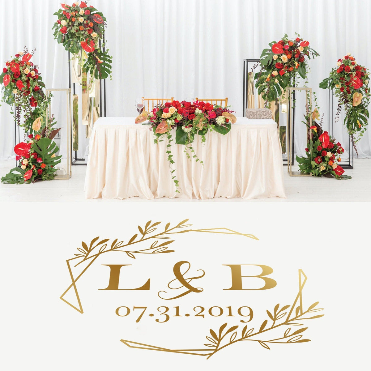 Geometric Greenery Dance Floor Decal for Wedding shown at a wedding reception
