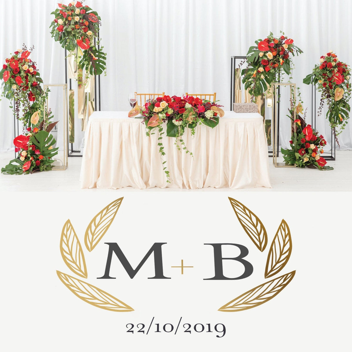 Bold Leaf Wreath Dance Floor Decal for Wedding shown at a wedding reception