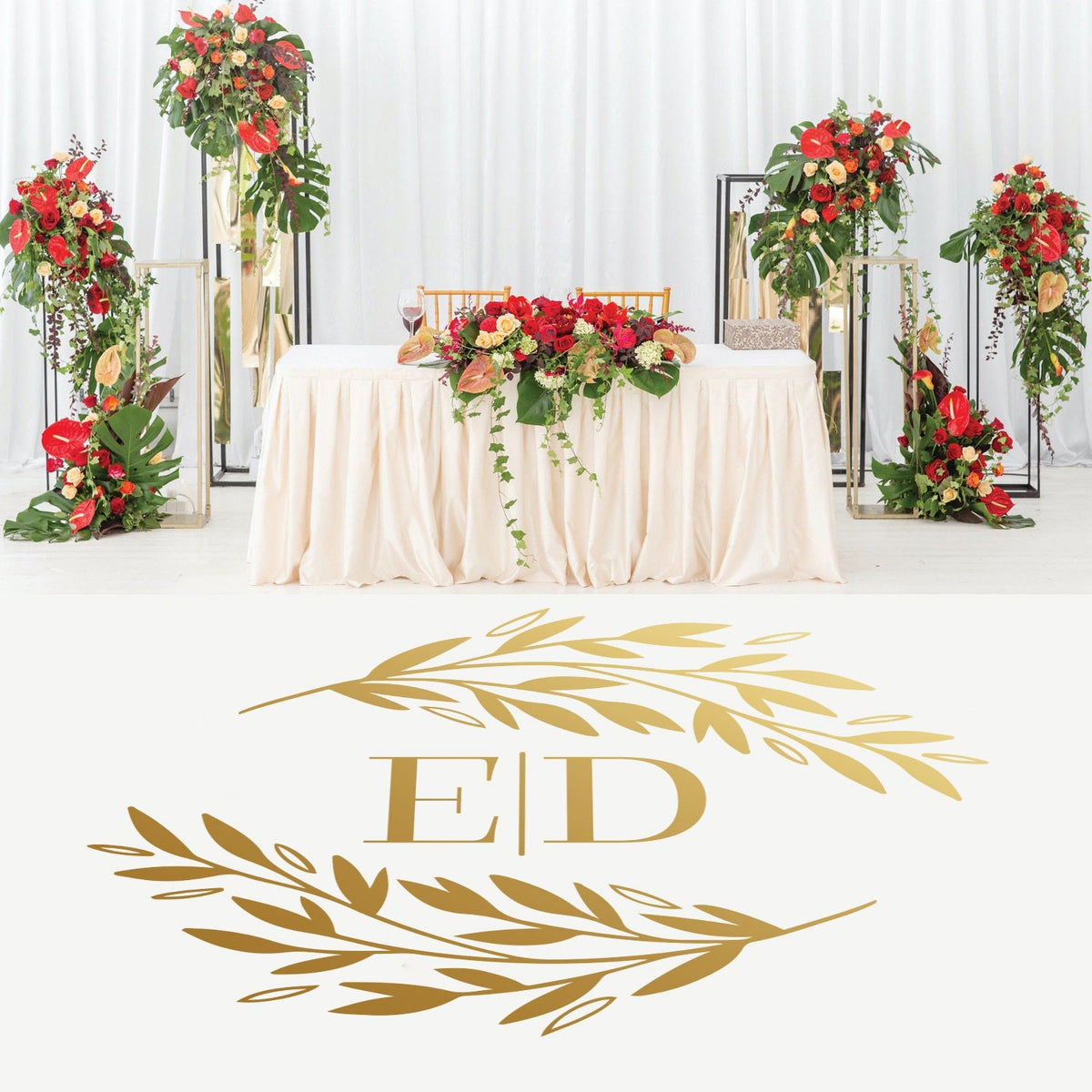 Olive Branch Monogram Dance Floor Decal for Wedding shown at a wedding reception
