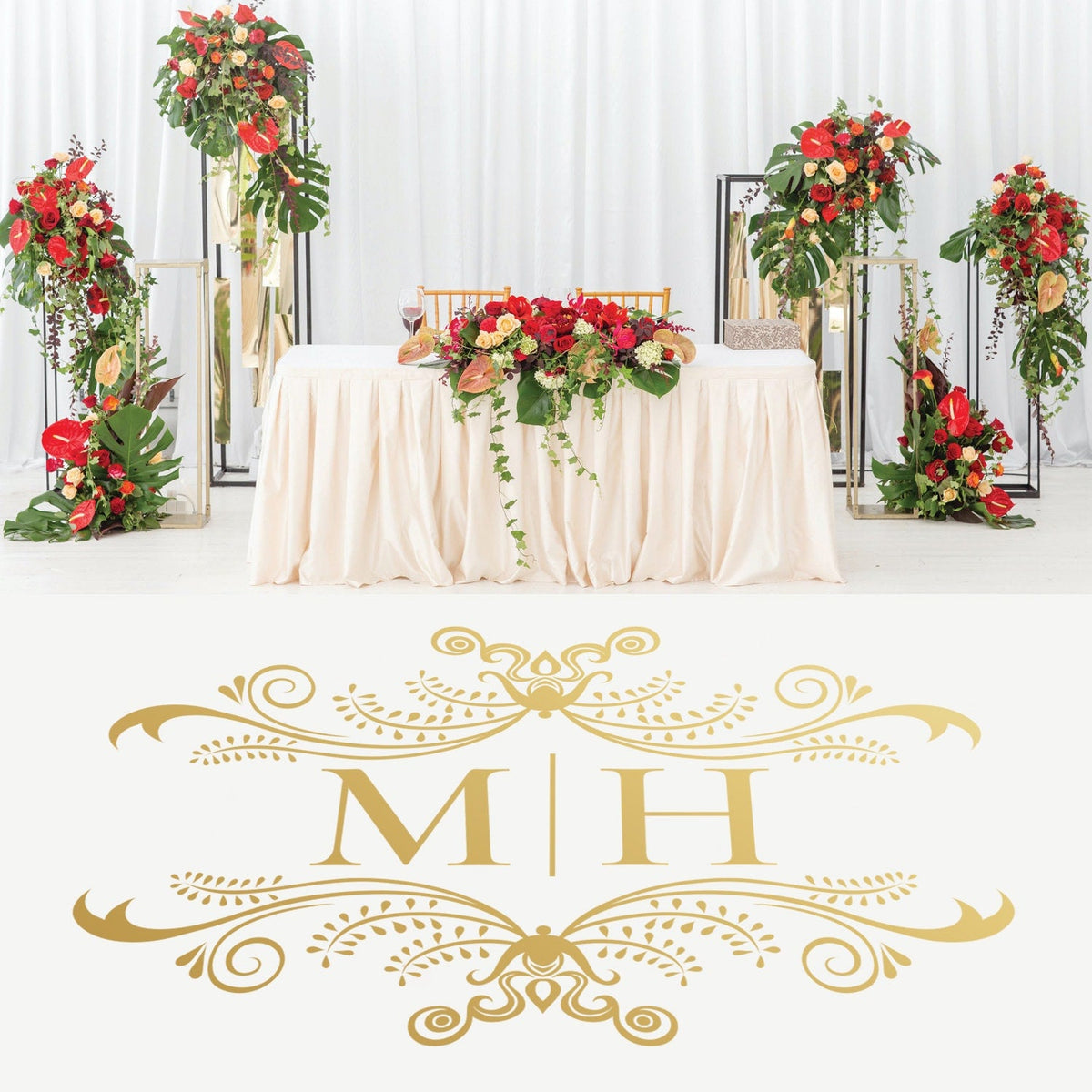 Whimsical Curl Monogram Dance Floor Decal for Wedding shown at a wedding reception