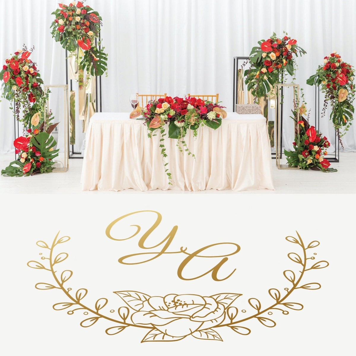 Rose Wreath Script Dance Floor Decal for Wedding shown at a wedding reception