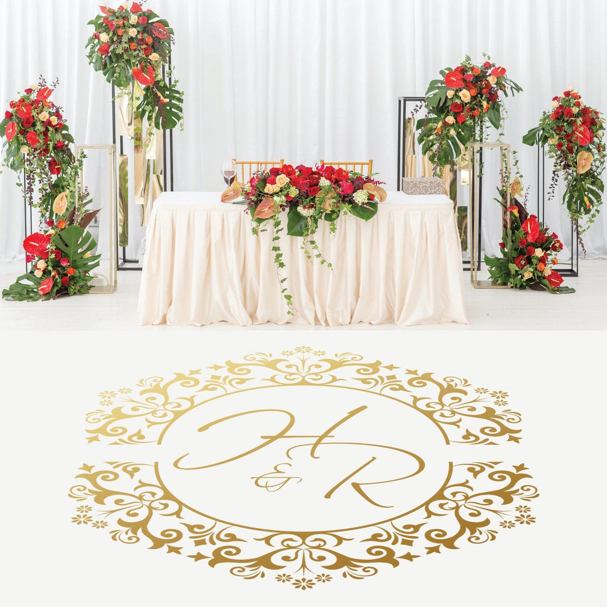 Damask Lace Monogram Dance Floor Decal for Wedding shown at a wedding reception