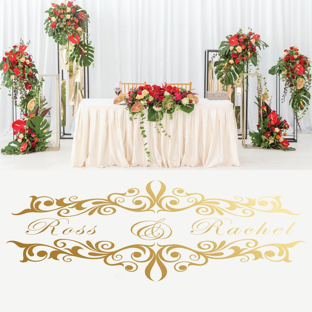Scroll Cartouche Names Dance Floor Decal for Wedding shown at a wedding reception